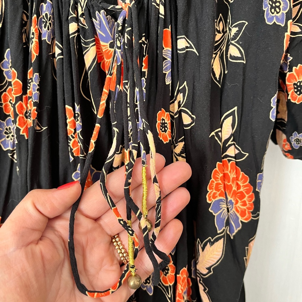 Free People Black Floral Print Tunic Mini Dress Open Back Size XL